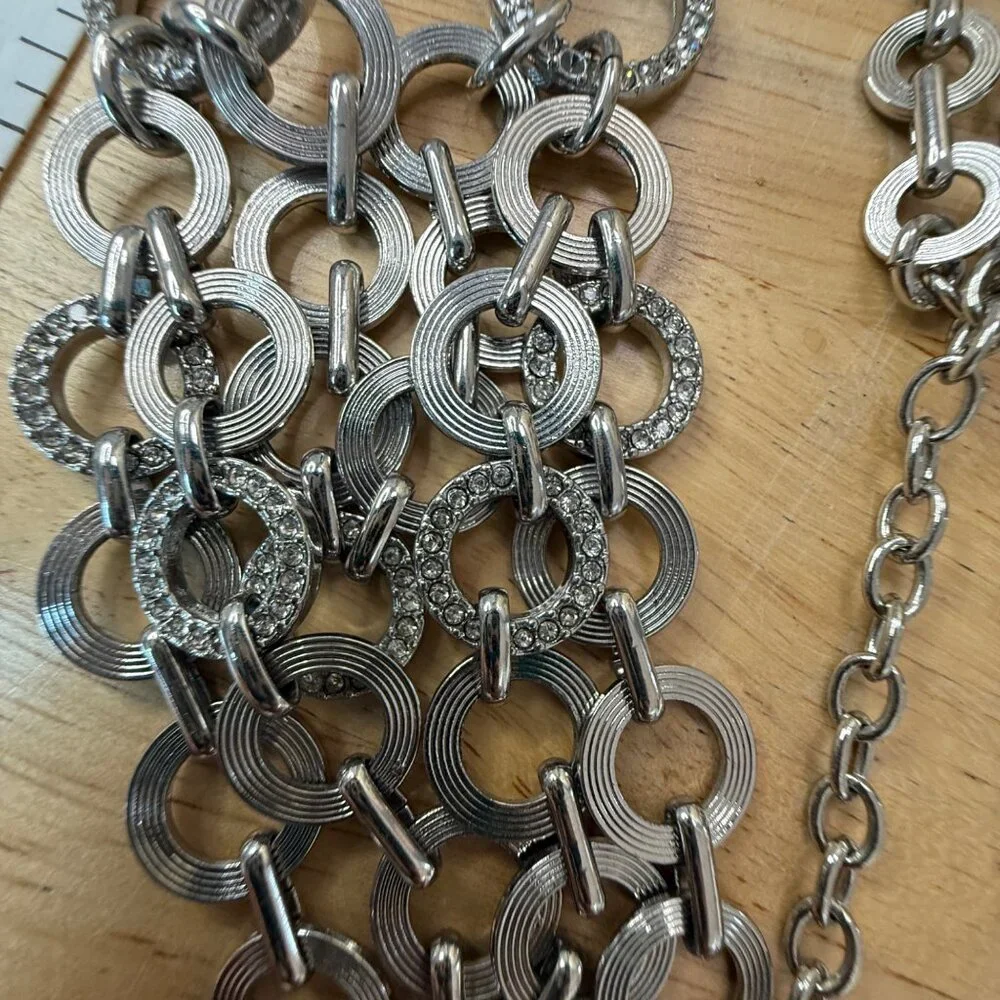 Loft Three-Layer Silver-Tone Necklace With Circular Links‎ & Rhinestone Accents